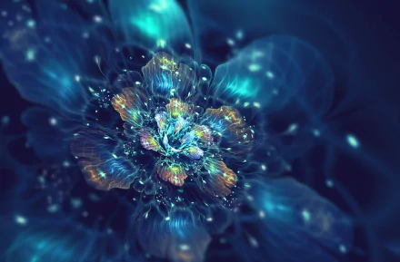 Abstract fractal light flower in vivid teal and gold, glowing against deep blue — 2K Quad HD PC desktop wallpaper and background.