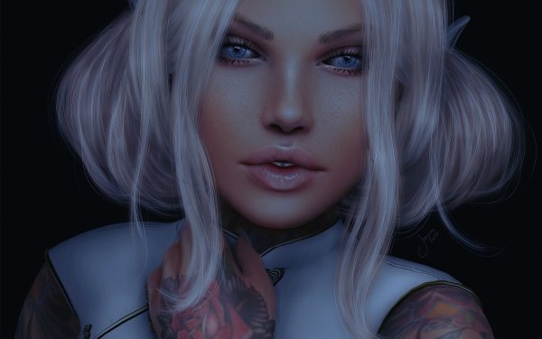 Fantasy Elf Blue Eyes Face Tattoo Pointed Ears White Hair HD Wallpaper | Background Image