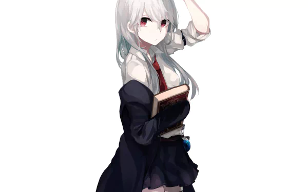 Anime-style character with long white hair, red eyes, wearing thigh highs, a shirt, and tie, holding a book and wearing a crown, set against a white background in HD.