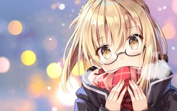 HD desktop wallpaper of Heroine X from Fate/Grand Order, featuring an anime-style character with blonde hair and glasses, wearing a scarf against a backdrop of soft, glowing lights.