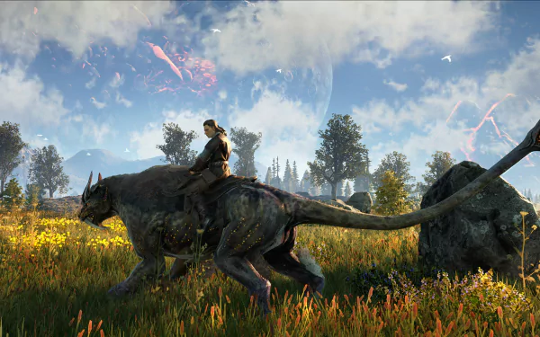 HD PC desktop wallpaper from the video game Dark and Light: a rider atop a giant feline-like mount crosses sunlit grasslands with trees, rocks and a massive moon looming overhead.