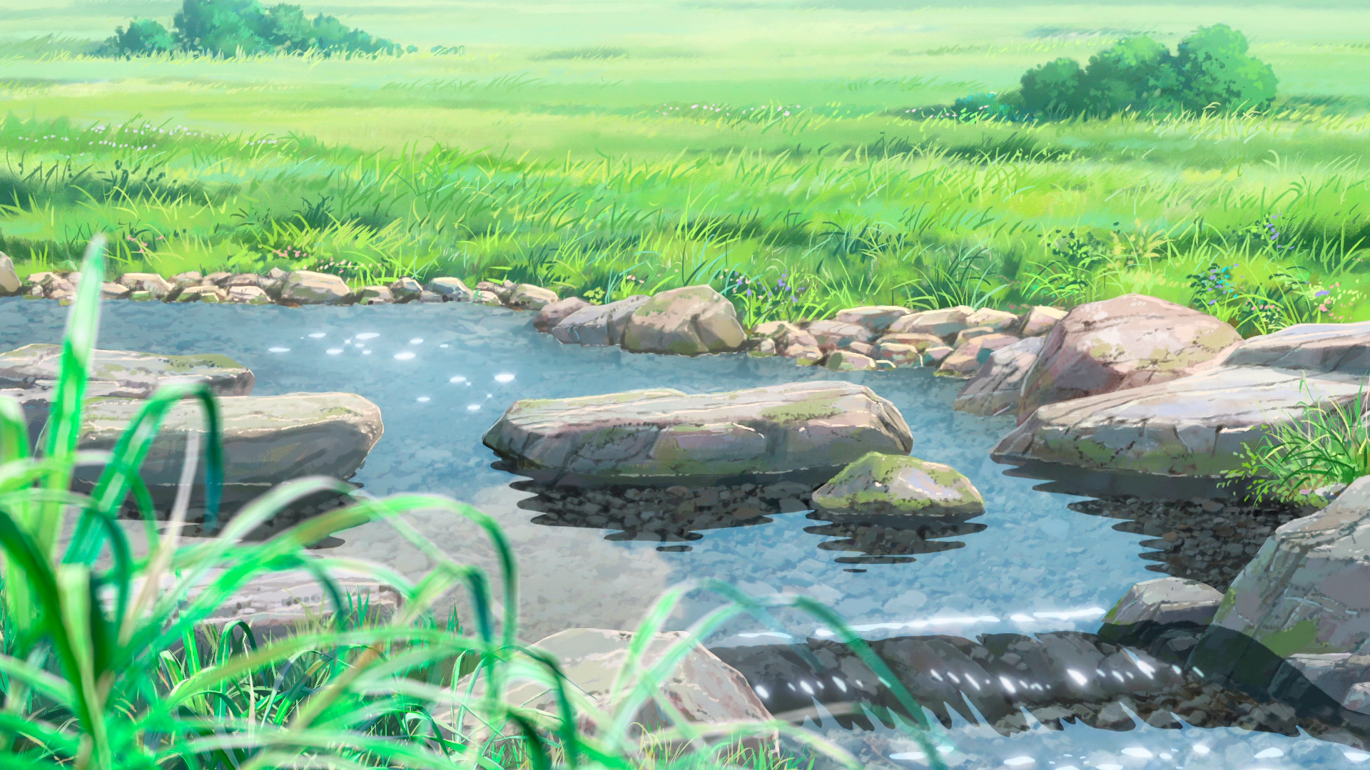 three children playing in the river in anime style