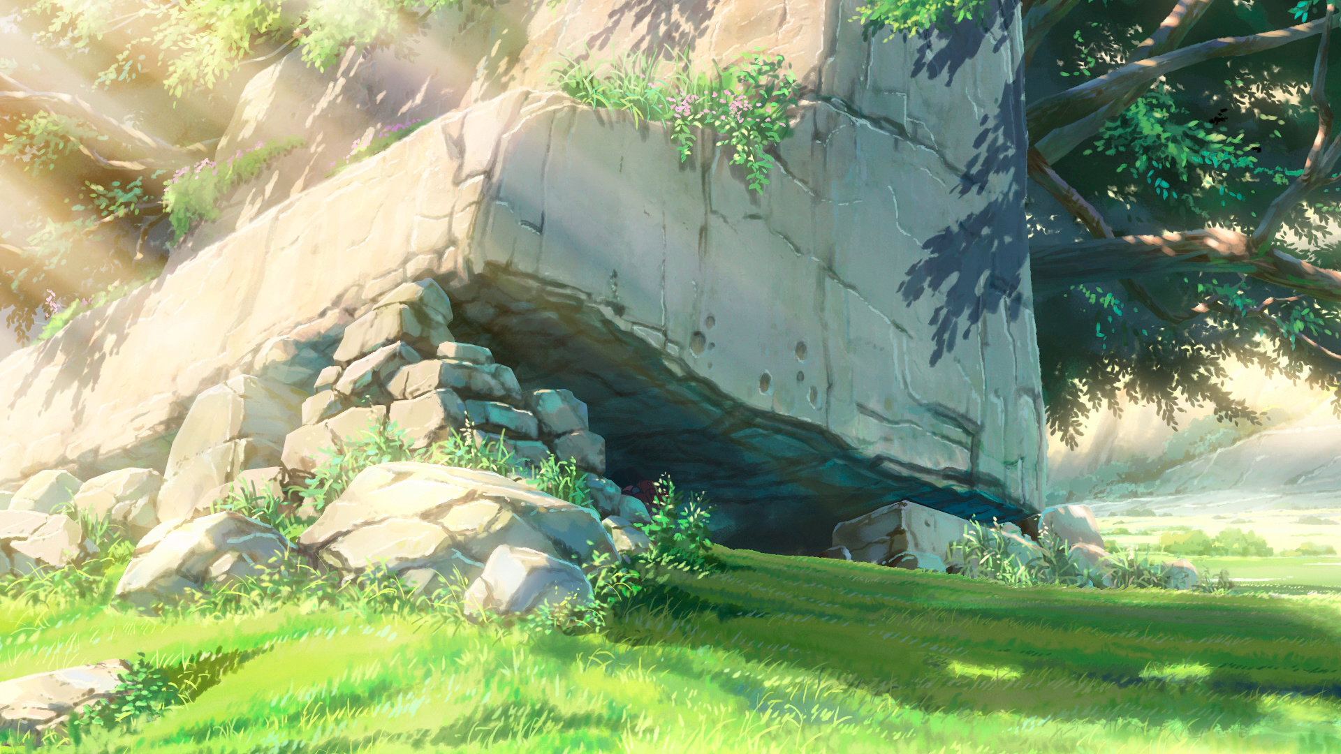 HD PC desktop wallpaper from the anime Your Name., featuring a sunlit stone structure surrounded by lush green grass and trees.