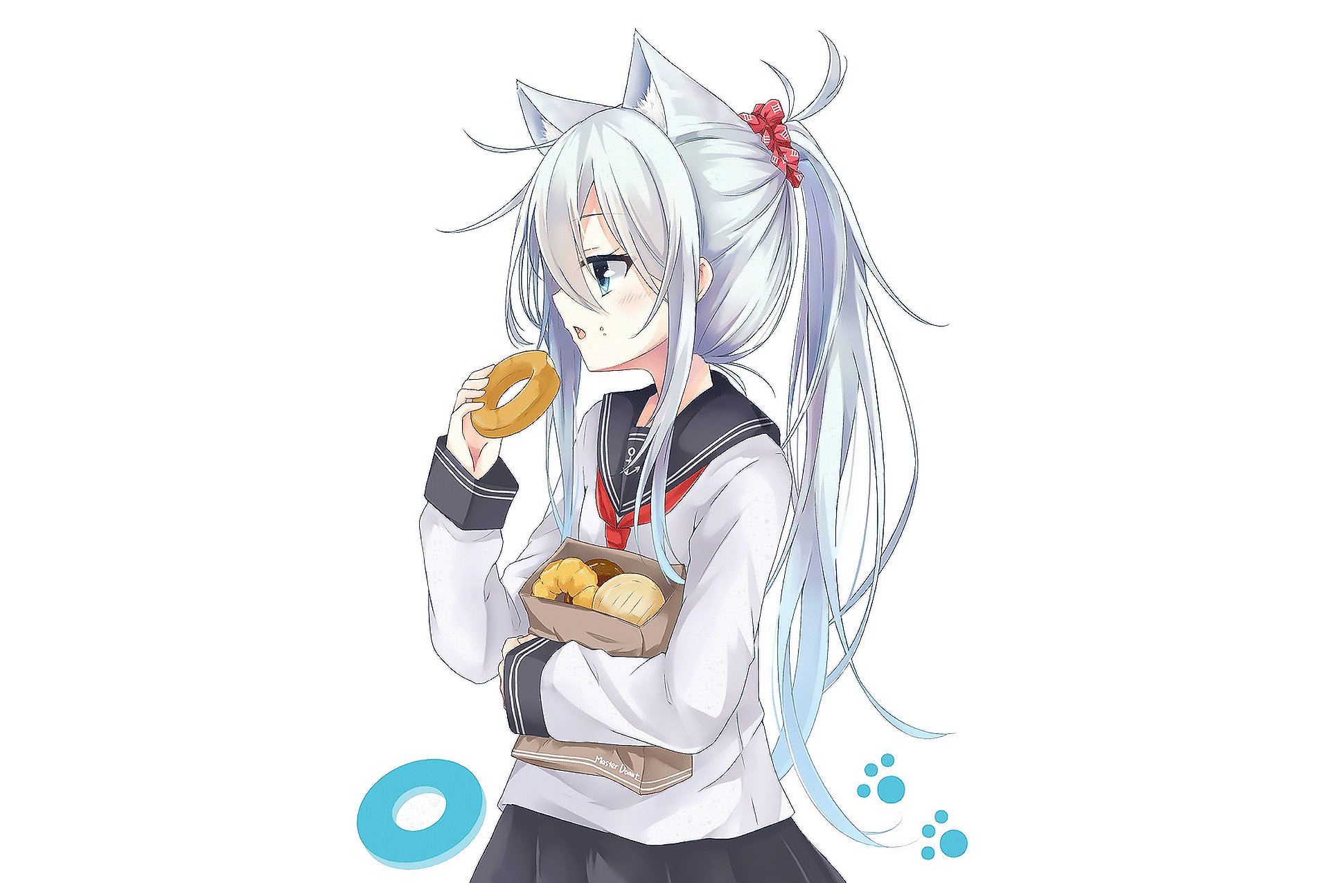Hibiki (Kancolle), Kantai Collection anime HD PC desktop wallpaper: white‑haired, fox‑eared girl in a sailor uniform eating a doughnut while holding a tray of buns on a clean background.