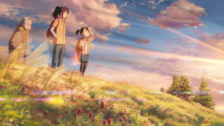 HD anime desktop wallpaper featuring Yotsuha, Hitoha, and Mitsuha Miyamizu from Your Name., standing on a grassy hill under a colorful sky with a rainbow.