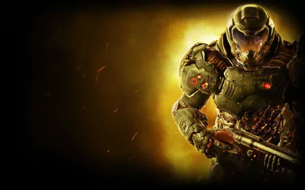 Video game DOOM (2016) HD PC desktop wallpaper: armored Doom Slayer in a battered Praetor suit gripping a shotgun amid fiery yellow-orange smoke and dark negative space.