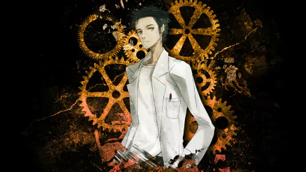 HD wallpaper featuring Rintaro Okabe from the anime Steins;Gate, standing in front of a background of golden gears.