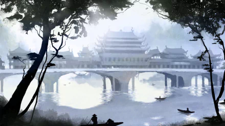 HD PC desktop wallpaper from the video game Shadow Tactics: Blades of the Shogun, depicting a misty, serene Japanese landscape with traditional architecture and boats on the water.
