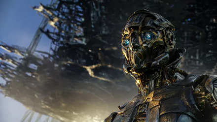 Cogman, the robotic character from Transformers: The Last Knight, showcased in detailed 4K Ultra HD sci-fi style against a blurred mechanical backdrop.