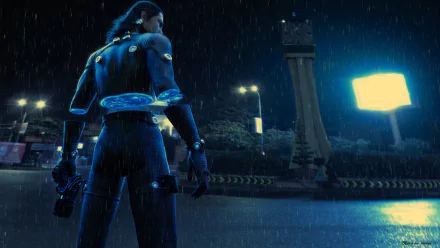 HD anime desktop wallpaper from Gantz:O featuring a rain-soaked character in a futuristic suit standing under streetlights at night.