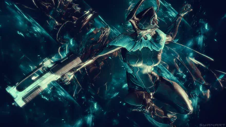 Warframe video game warrior wielding a glowing rifle amid teal energy shards — HD PC desktop wallpaper and background.