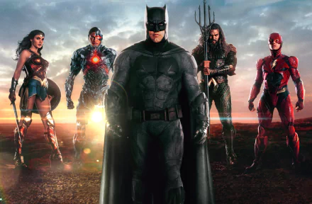 HD desktop wallpaper featuring the Justice League heroes from the 2017 movie: Batman, Wonder Woman, Aquaman, Cyborg, Flash, with actors Ben Affleck, Gal Gadot, Jason Momoa, Ray Fisher, and Ezra Miller.