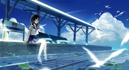HD anime original desktop wallpaper featuring a girl sitting at a serene train station with reflective water, vivid blue sky, and flying birds in the background.