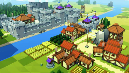 HD wallpaper of a vibrant medieval landscape featuring a castle, farms, and river from the game Kingdoms and Castles.