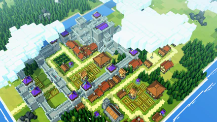 HD wallpaper of Kingdoms and Castles game showing a vibrant medieval town with a castle, fields, and houses.