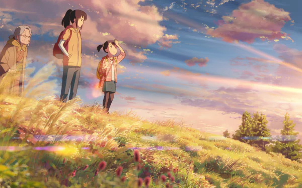 HD anime desktop wallpaper featuring Yotsuha, Hitoha, and Mitsuha Miyamizu from Your Name., standing on a grassy hill under a colorful sky with a rainbow.