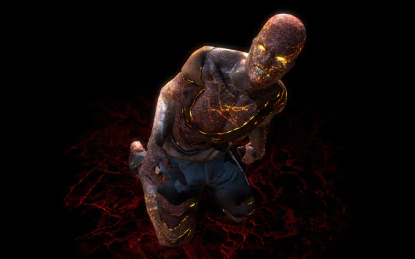 HD PC desktop wallpaper of a molten, cracked zombie kneeling in a blood-red crater — 7 Days To Die video game background art.