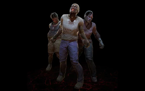 HD PC desktop wallpaper of three undead zombies from the video game 7 Days To Die, with glowing eyes and tattered clothing on a dark background.