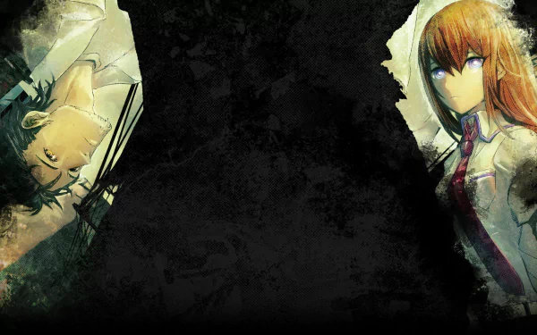 HD desktop wallpaper featuring Kurisu Makise and Rintaro Okabe from the anime Steins;Gate. The image has a dark, abstract background with the characters on opposite sides.