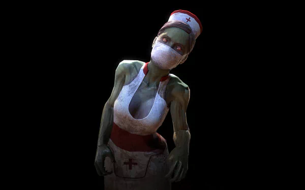HD PC desktop wallpaper of an undead nurse from the video game 7 Days to Die, pale green skin and blood-stained nurse uniform looming against a stark black background.