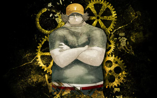 HD PC desktop wallpaper featuring Itaru Hashida from the anime Steins;Gate, standing with arms crossed against a dark background with golden mechanical gears.