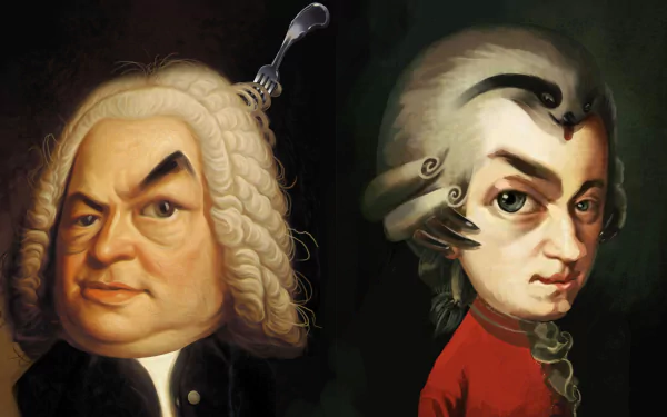 HD PC desktop wallpaper: two stylized baroque portraits from the video game The Sexy Brutale — one in a white powdered wig, the other with powdered hair and a red coat.
