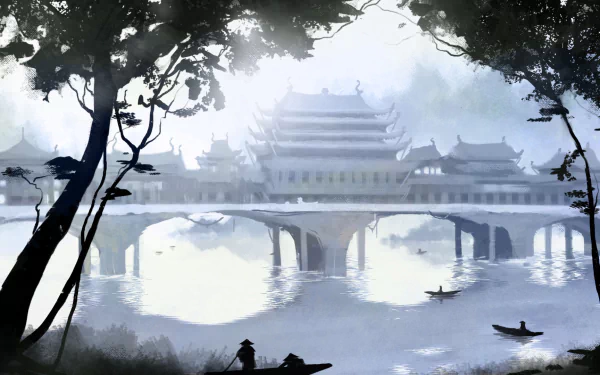 HD PC desktop wallpaper from the video game Shadow Tactics: Blades of the Shogun, depicting a misty, serene Japanese landscape with traditional architecture and boats on the water.