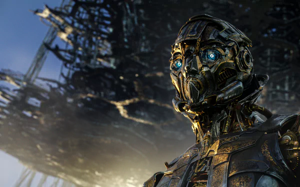 Cogman, the robotic character from Transformers: The Last Knight, showcased in detailed 4K Ultra HD sci-fi style against a blurred mechanical backdrop.