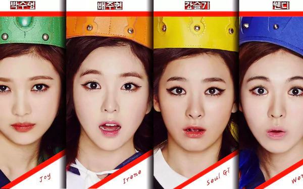 HD PC desktop wallpaper featuring Red Velvet members in colorful crowns, highlighting their vibrant K-pop music style.