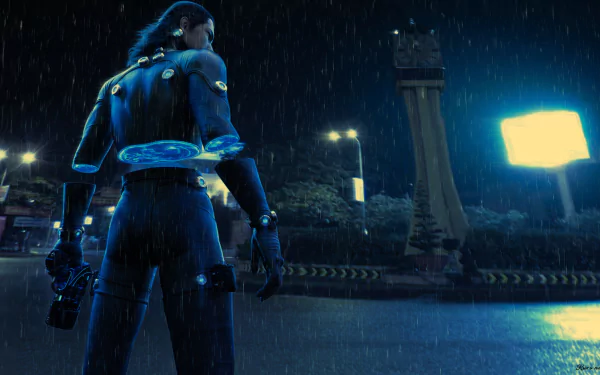 HD anime desktop wallpaper from Gantz:O featuring a rain-soaked character in a futuristic suit standing under streetlights at night.