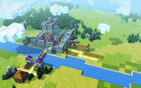 HD wallpaper of a vibrant Kingdoms and Castles game scene, featuring a medieval town by a river surrounded by forests.