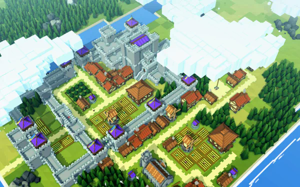 HD wallpaper of Kingdoms and Castles game showing a vibrant medieval town with a castle, fields, and houses.