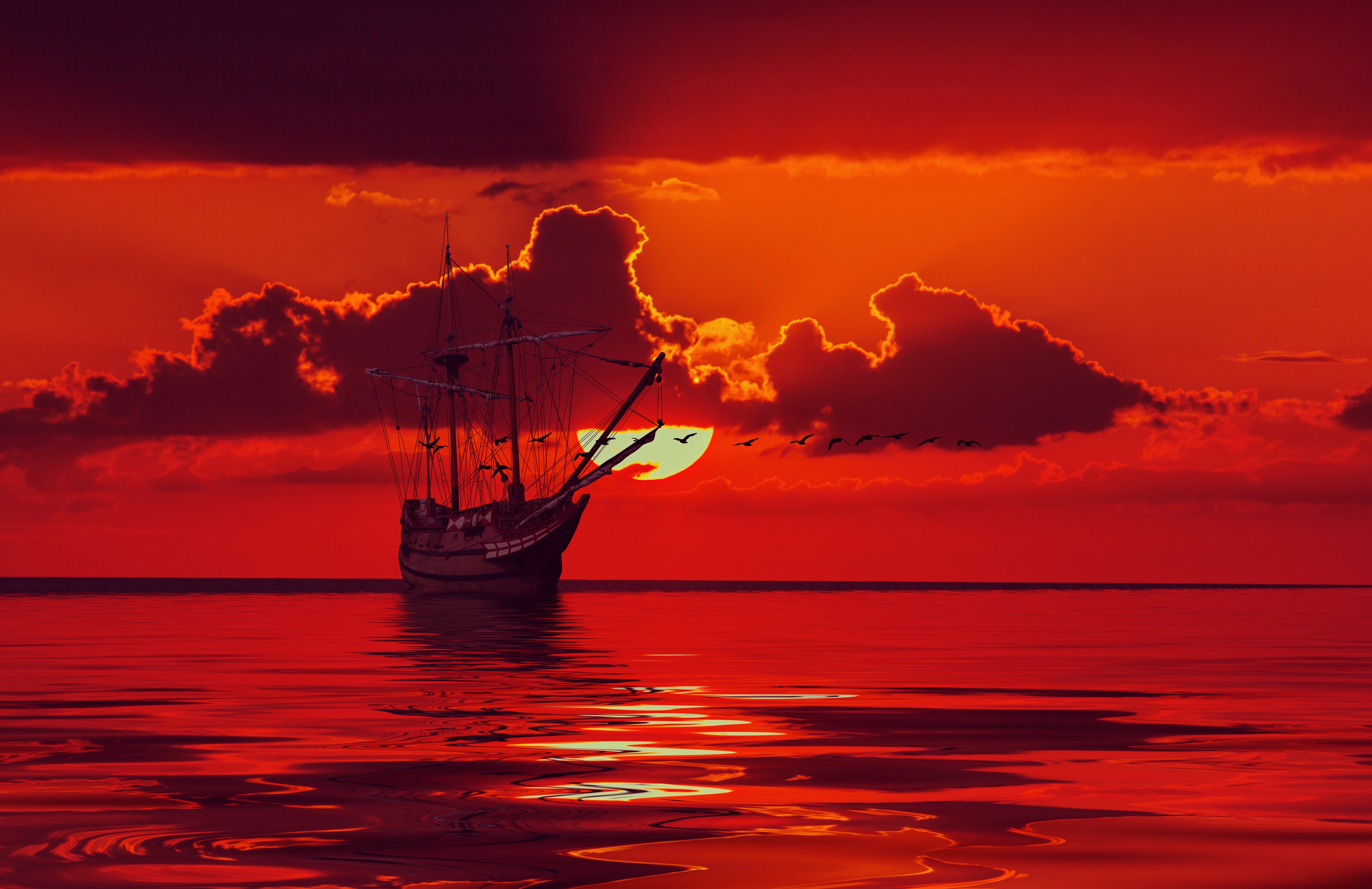 Download Ship Cloud Orange (Color) Sunset Sky Horizon Ocean Boat ...