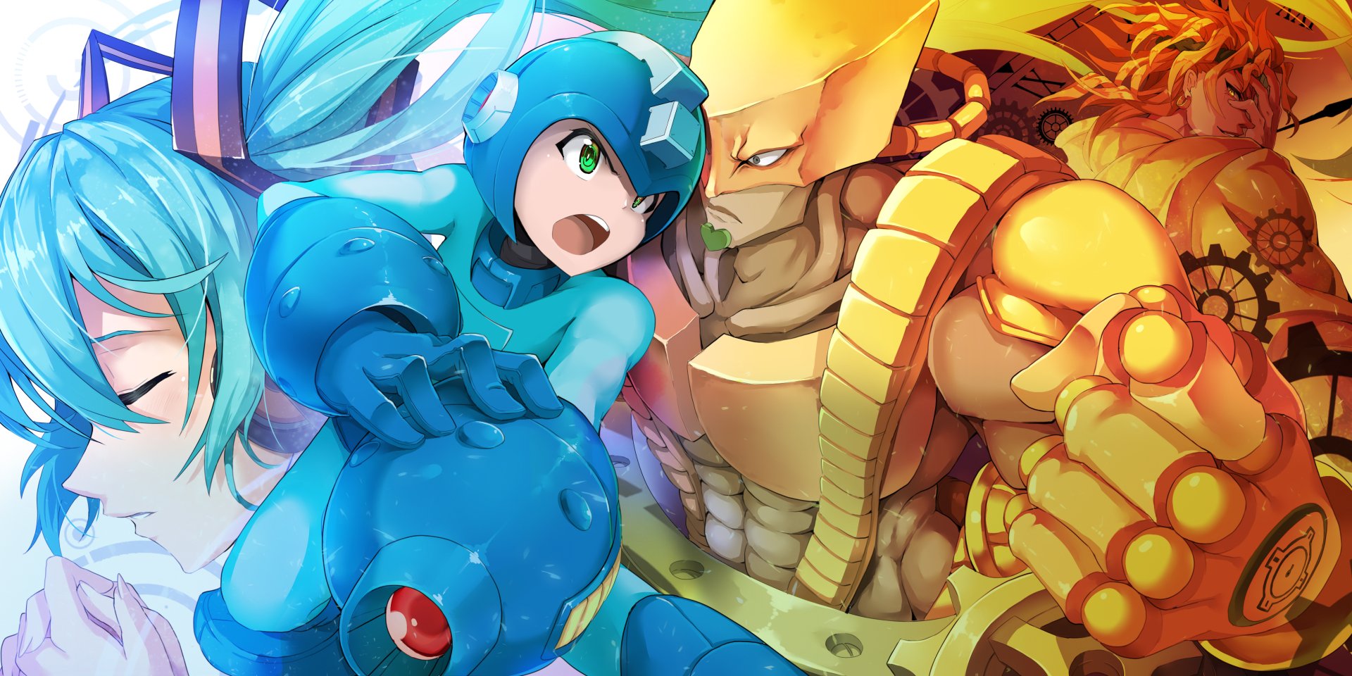 HD desktop wallpaper featuring a vibrant anime crossover with Mega Man, Hatsune Miku, and Dio Brando.