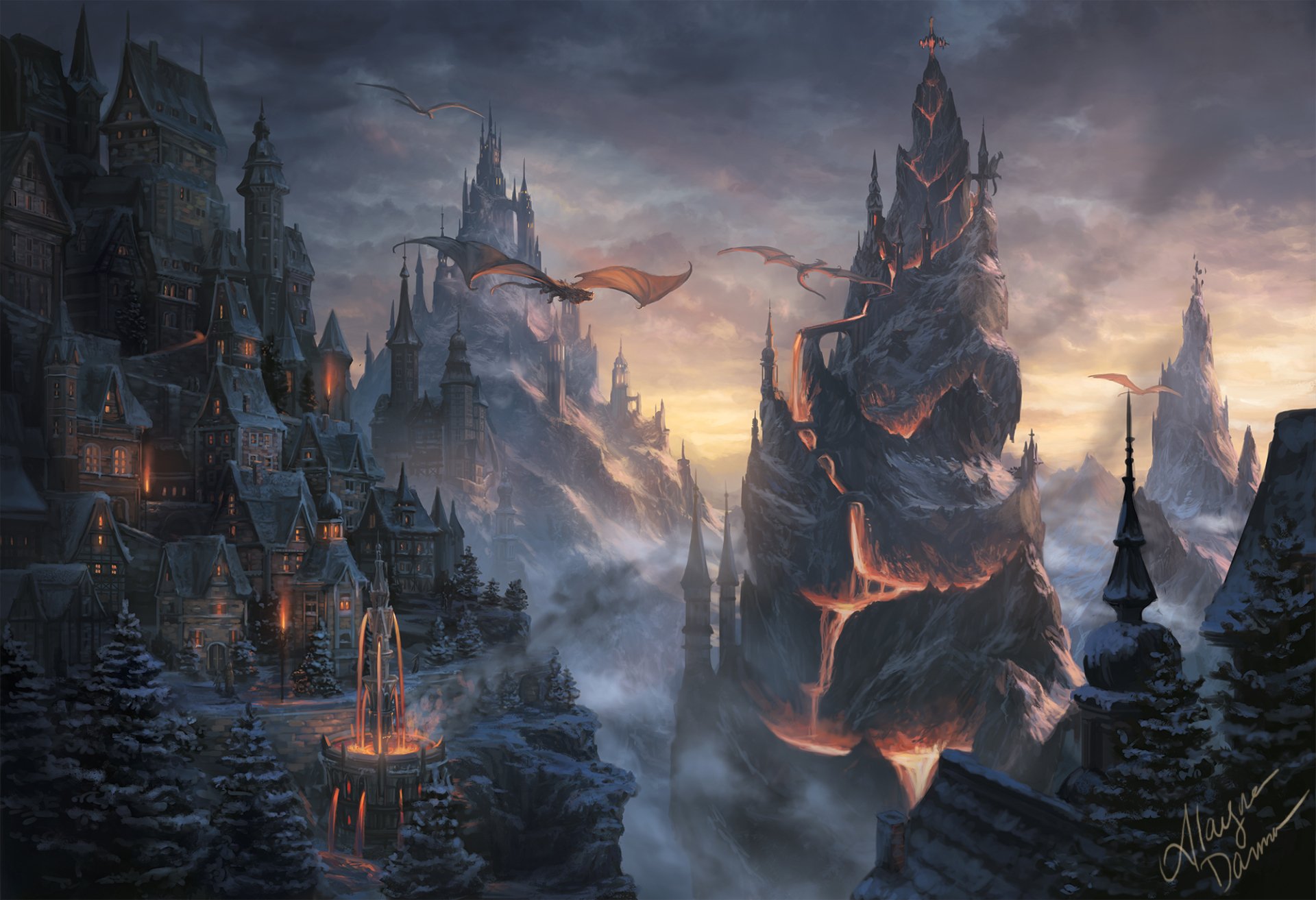 HD wallpaper featuring a fantasy city with houses and buildings near a towering mountain with lava flows. Dragons soar in a misty, twilight sky.