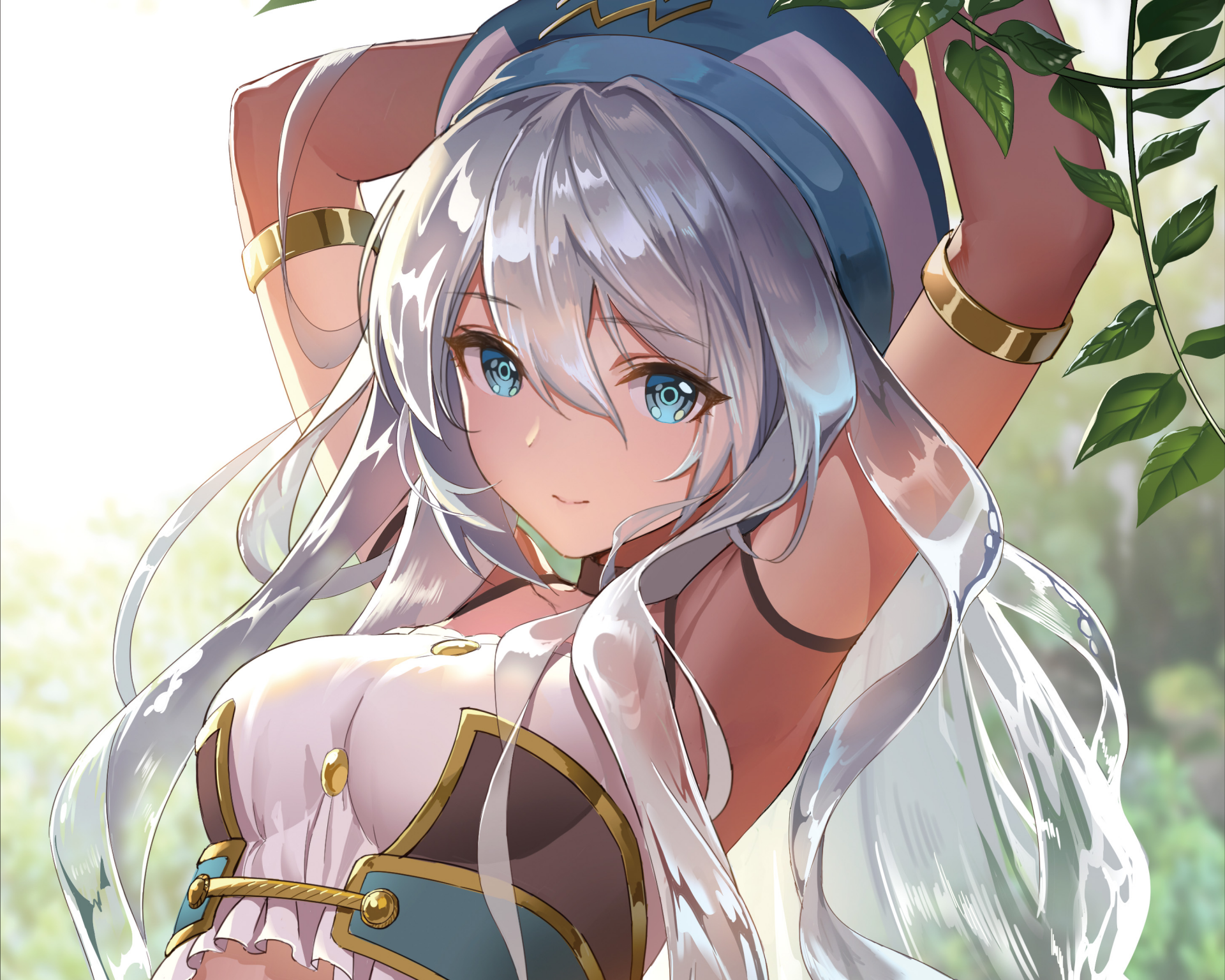An anime girl with blue eyes and silver hair poses outdoors, touching green leaves. HD desktop wallpaper and background.