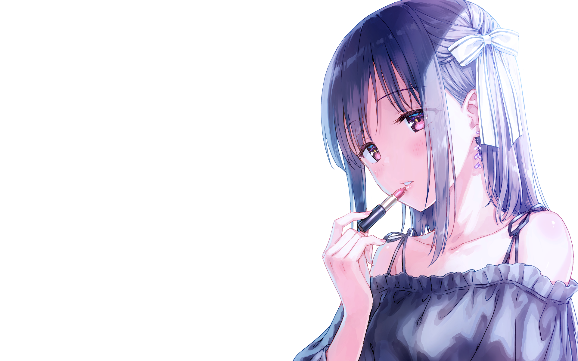 HD anime desktop wallpaper featuring an original character, a woman with dark hair tied with a white ribbon, applying lipstick. She wears an off-shoulder top against a clean white background.