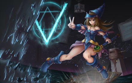 HD desktop wallpaper featuring Dark Magician Girl from Yu-Gi-Oh! in a dynamic pose, casting a spell with a magical symbol in the background, emphasizing her role as a powerful magician in the anime series.