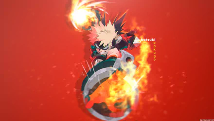 HD wallpaper of Katsuki Bakugou from My Hero Academia in an action pose, with fiery explosions against a bright red background.