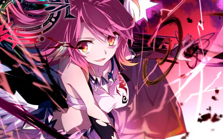 HD desktop wallpaper featuring Jibril from No Game No Life, showcasing vibrant and dynamic anime art. The background incorporates elements from No Game No Life: Zero, adding a stunning visual impact.