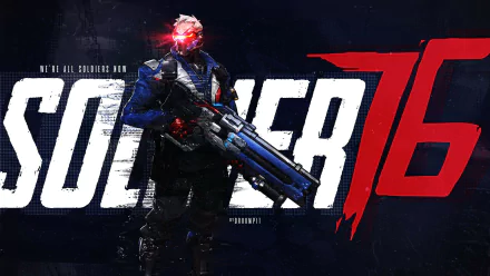 Soldier: 76 from Overwatch in combat gear holding his rifle before a large SOLDIER 76 logo — 2K Quad HD PC desktop wallpaper background for the video game Overwatch.