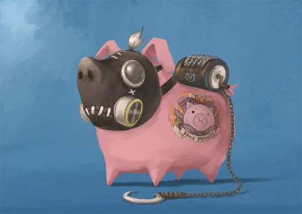 HD desktop wallpaper featuring a pig wearing Roadhog’s gas mask and gear from the video game Overwatch, blending whimsical and iconic elements.