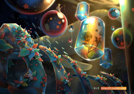 A vibrant HD anime wallpaper featuring colorful spheres, flowers, and fish against a cosmic background. Elements of fantasy and originality enhance the scene, creating a dynamic and enchanting visual experience.