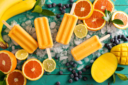 Vibrant 4K Ultra HD still life of mango-orange popsicles surrounded by fresh blueberries, sliced citrus fruits, and tropical mango on a rustic teal background.