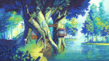 HD anime original desktop wallpaper depicting a serene lakeside scene with a massive treehouse surrounded by lush greenery and tranquil water.