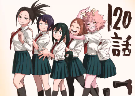 HD desktop wallpaper of characters from My Hero Academia, featuring five female students in school uniforms with a white background and Japanese text on the right side.