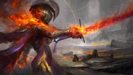 A striking HD wallpaper featuring a warrior from the video game Warframe, wielding a flaming sword against a turbulent, surreal background.