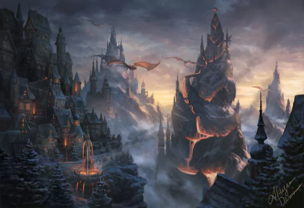 HD wallpaper featuring a fantasy city with houses and buildings near a towering mountain with lava flows. Dragons soar in a misty, twilight sky.