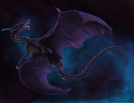 Purple fantasy dragon in flight over swirling mist, glowing scales and outstretched wings — HD PC desktop wallpaper and background.