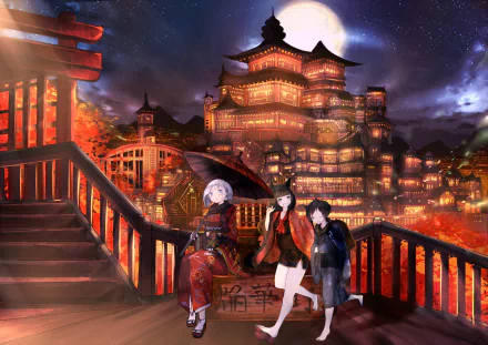 building moon night festival umbrella yukata nekomimi white hair Anime Original anime night HD Desktop Wallpaper | Background Image